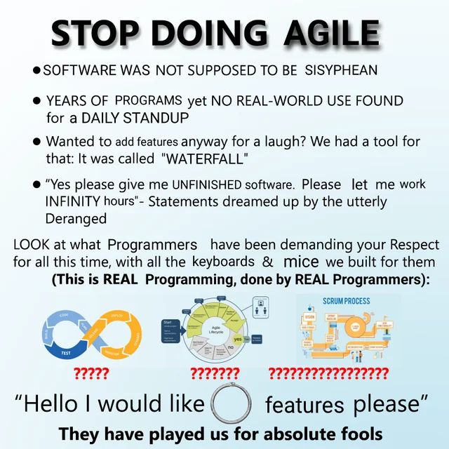STOP DOING AGILE

SOFTWARE WAS NOT SUPPOSED TO BE SISYPHEAN
YEARS OF PROGRAMS yet NO REAL-WORLD USE FOUND for a DAILY STANDUP
Wanted to add features anyway for a laugh? We had a tool for that: It was called "WATERFALL"
"Yes please give me UNFINISHED software. Please let me work INFINITY hours"- Statements dreamed up by the utterly Deranged

LOOK at what Programmers have been demanding your Respect for all this time, with all the keyboards & mice we built for them

(This is REAL PROGRAMMING, done by REAL Programmers):

[Three diagram images, each captioned with "?????", "???????", and "????????????????" respectively]

"Hello I would like ⭕ features please"

They have played us for absolute fools